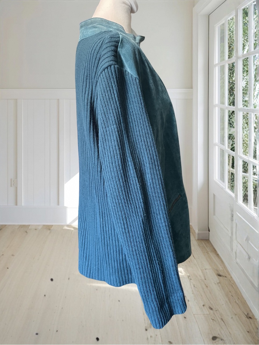LIVE A LITTLE Women's Teal Suede Leather Ribbed Knit Grommet Jacket Sweater 2X - Picture 7 of 15